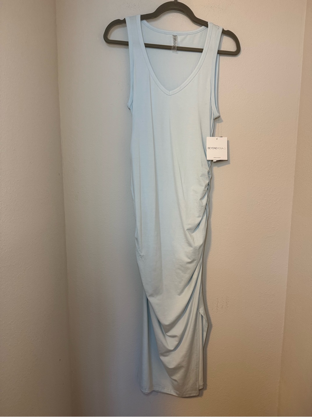 Beyond Yoga Light Blue Sleeveless V-Neck Ruched Maxi Dress Nwt